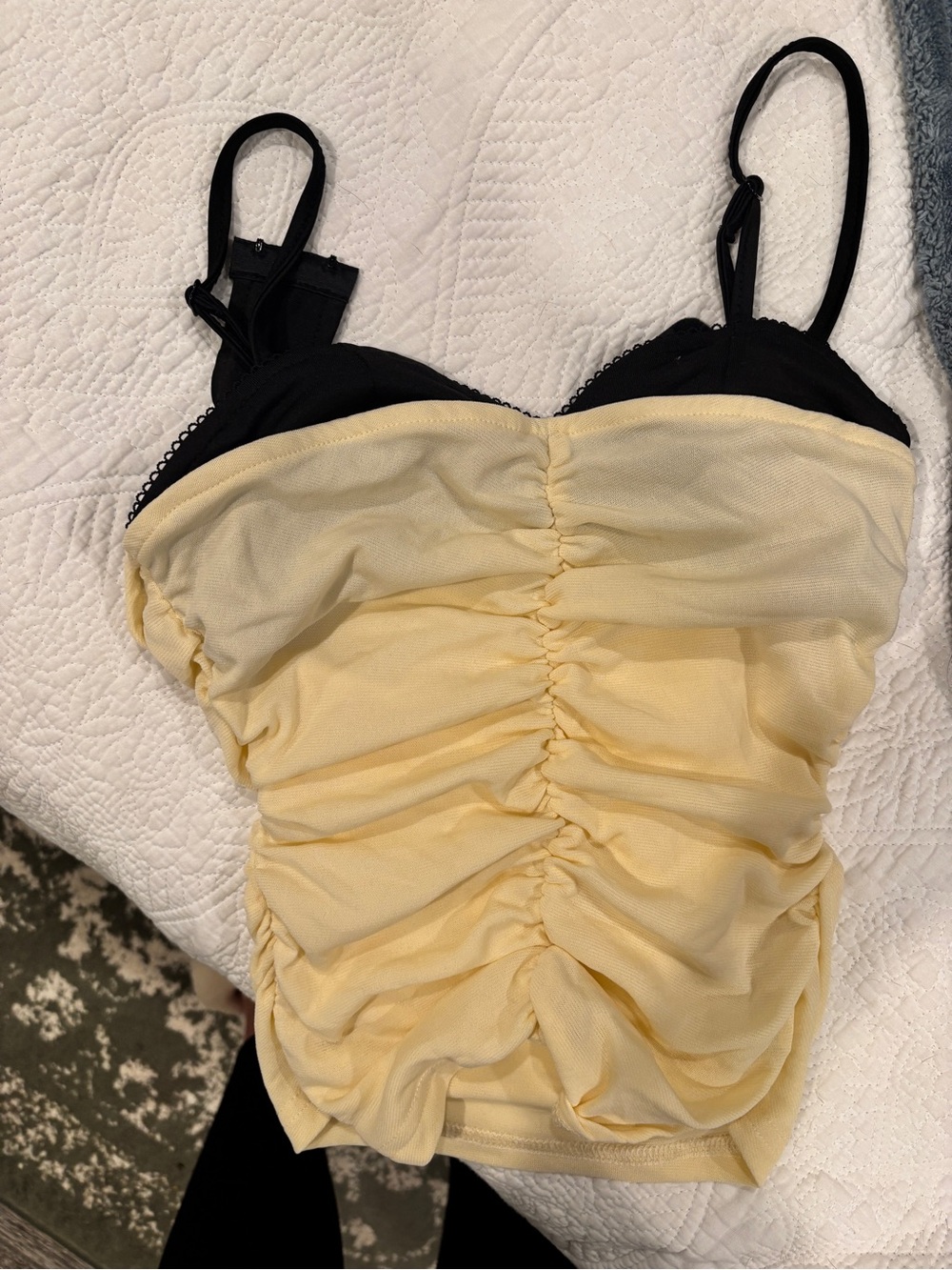 Yellow Ruched Cami Tank with Black Straps